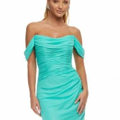 Ashleylauren Ashley Lauren 4450 Aqua Cocktail Dress Shimmer Chiffon Ruched Off The Shoulder Fitted