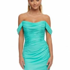 Ashleylauren Ashley Lauren 4450 Aqua Cocktail Dress Shimmer Chiffon Ruched Off The Shoulder Fitted
