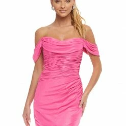 Ashleylauren Ashley Lauren 4450 Pink Cocktail Dress Shimmer Chiffon Ruched Off The Shoulder Fitted
