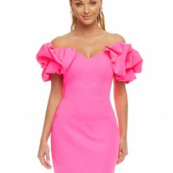 Ashleylauren Ashley Lauren 4451 Hot Pink Cocktail Dress Oversized Ruffle Short Sleeves Off The Shoulder