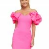 Ashleylauren Ashley Lauren 4451 Hot Pink Cocktail Dress Oversized Ruffle Short Sleeves Off The Shoulder