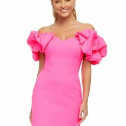 Ashleylauren Ashley Lauren 4451 Hot Pink Cocktail Dress Oversized Ruffle Short Sleeves Off The Shoulder