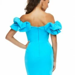 Ashleylauren Ashley Lauren 4451 Hot Pink Cocktail Dress Oversized Ruffle Short Sleeves Off The Shoulder