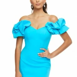 Ashleylauren Ashley Lauren 4451 Hot Pink Cocktail Dress Oversized Ruffle Short Sleeves Off The Shoulder