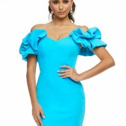 Ashleylauren Ashley Lauren 4451 Hot Pink Cocktail Dress Oversized Ruffle Short Sleeves Off The Shoulder