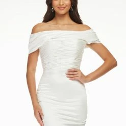 Ashleylauren Ashley Lauren 4452 Cocktail Dress Satin Off The Shoulder Ruched Short Fitted Skirt