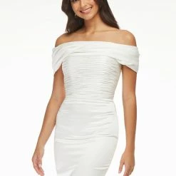 Ashleylauren Ashley Lauren 4452 Cocktail Dress Satin Off The Shoulder Ruched Short Fitted Skirt