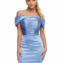 Ashleylauren Ashley Lauren 4452 Cocktail Dress Satin Off The Shoulder Ruched Short Fitted Skirt