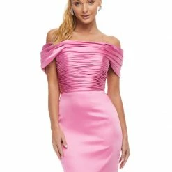 Ashleylauren Ashley Lauren 4452 Cocktail Dress Satin Off The Shoulder Ruched Short Fitted Skirt