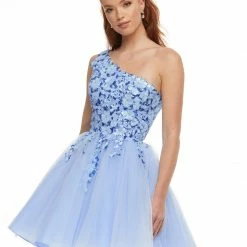 Ashleylauren Ashley Lauren 4453 Sky Blue Cocktail Dress One Shoulder Sequin Applique Tulle A Line Sequin Dresses