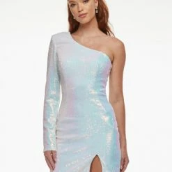 In Stock Ashley Lauren 4455 AB Ivory Cocktail Dress Homecoming Dress One Long Sleeve Slit Size 6 Long Sleeve Dresses