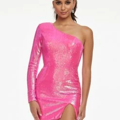 In Stock Ashley Lauren 4455 AB Ivory Cocktail Dress Homecoming Dress One Long Sleeve Slit Size 6 Long Sleeve Dresses