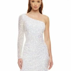 Ashleylauren Ashley Lauren 4457 Cocktail Dress One Shoulder Sheer Long Sleeve Fitted