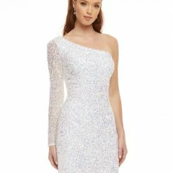 Ashleylauren Ashley Lauren 4457 Cocktail Dress One Shoulder Sheer Long Sleeve Fitted