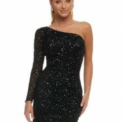 Ashleylauren Sequin Dresses Ashley Lauren 4457 Short Cocktail Dress One Shoulder Long Sleeve Fitted