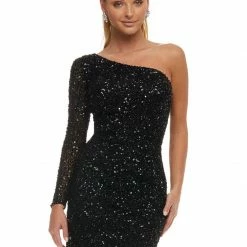 In Stock Ashley Lauren 4457 Size 00, 14, 16 Cocktail Dress One Shoulder Sheer Long Sleeve Fitted