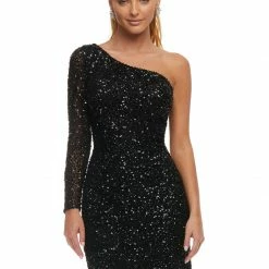 Ashleylauren Sequin Dresses Ashley Lauren 4457 Cocktail Dress One Shoulder Sheer Long Sleeve Fitted