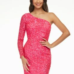 Ashleylauren Sequin Dresses Ashley Lauren 4457 Short Cocktail Dress One Shoulder Long Sleeve Fitted