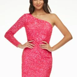 Ashleylauren Sequin Dresses Ashley Lauren 4457 Cocktail Dress One Shoulder Sheer Long Sleeve Fitted