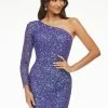 Ashleylauren Sequin Dresses Ashley Lauren 4457 Cocktail Dress One Shoulder Sheer Long Sleeve Fitted