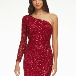 Ashleylauren Sequin Dresses Ashley Lauren 4457 Cocktail Dress One Shoulder Sheer Long Sleeve Fitted