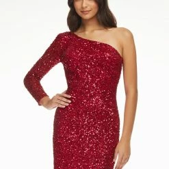 In Stock Ashley Lauren 4457 Size 00, 14, 16 Cocktail Dress One Shoulder Sheer Long Sleeve Fitted