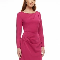 Ashleylauren Ashley Lauren 4458 Raspberry Cocktail Dress Ruched Crepe Long Sleeved Crew Neckline Long Sleeve Dresses