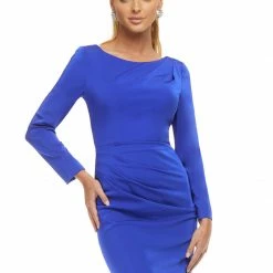 Ashleylauren Ashley Lauren 4458 Raspberry Cocktail Dress Ruched Crepe Long Sleeved Crew Neckline Long Sleeve Dresses