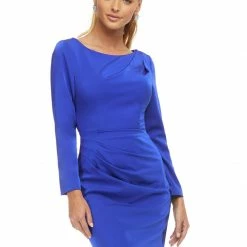 Ashleylauren Ashley Lauren 4458 Royal Cocktail Dress Ruched Crepe Long Sleeved Crew Neckline Long Sleeve Dresses
