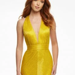 Ashleylauren Ashley Lauren 4459 Yellow Cocktail Dress Halter Neckline Liquid Beading Fitted Backless Backless Dresses