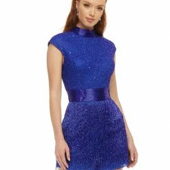 Ashleylauren Ashley Lauren 4460 Royal Blue Romper Backless Beaded High Neckline Fringe Cocktail Dress