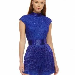Ashleylauren Ashley Lauren 4460 Royal Blue Romper Backless Beaded High Neckline Fringe Cocktail Dress