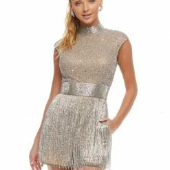 Ashleylauren Sequin Dresses Ashley Lauren 4460 Silver Romper Backless Beaded High Neckline Fringe Cocktail Dress