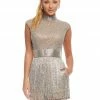 Ashleylauren Sequin Dresses Ashley Lauren 4460 Silver Romper Backless Beaded High Neckline Fringe Cocktail Dress