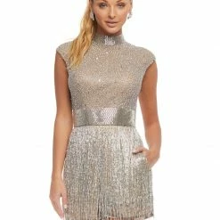 Ashleylauren Sequin Dresses Ashley Lauren 4460 Silver Romper Backless Beaded High Neckline Fringe Cocktail Dress