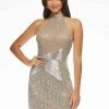 Ashleylauren Sequin Dresses Ashley Lauren 4461 Silver Cocktail Dress High Neckline Liquid Beaded Fringe Skirt