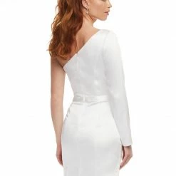 Ashleylauren Long Sleeve Dresses Ashley Lauren 4463 Ivory Cocktail Dress One Shoulder Long Sleeve Satin Fitted Bow