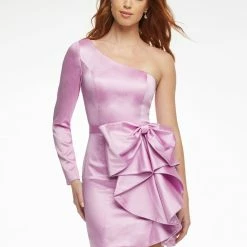 Ashleylauren Ashley Lauren 4463 Lilac Cocktail Dress One Shoulder Long Sleeve Satin Fitted Bow