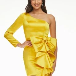 Ashleylauren Ashley Lauren 4463 Yellow Cocktail Dress One Shoulder Long Sleeve Satin Fitted Bow