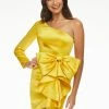 Ashleylauren Ashley Lauren 4463 Yellow Cocktail Dress One Shoulder Long Sleeve Satin Fitted Bow