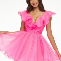 Ashleylauren Ashley Lauren 4464 Hot Pink Cocktail Dress Organza Wire Hem Ruffle Neckline