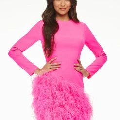 Ashleylauren Ashley Lauren 4465 Cocktail Dress Feather Skirt Long Sleeves Fitted Crew Neckline Long Sleeve Dresses