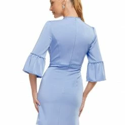 Ashleylauren Ashley Lauren 4466 Light Blue Cocktail Dress Three Quarter Sleeves Pearl Trim Keyhole Neckline Bell Sleeves