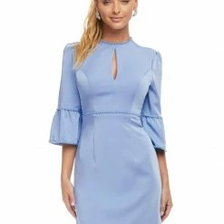 Ashleylauren Ashley Lauren 4466 Pink Cocktail Dress Three Quarter Sleeves Pearl Trim Keyhole Neckline Bell Sleeves