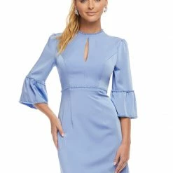 Ashleylauren Ashley Lauren 4466 Pink Cocktail Dress Three Quarter Sleeves Pearl Trim Keyhole Neckline Bell Sleeves