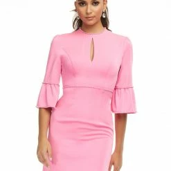 Ashleylauren Ashley Lauren 4466 Pink Cocktail Dress Three Quarter Sleeves Pearl Trim Keyhole Neckline Bell Sleeves