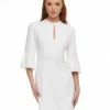 Ashleylauren Bell Sleeves Ashley Lauren 4466 White Cocktail Dress Three Quarter Sleeves Pearl Trim Keyhole Neckline