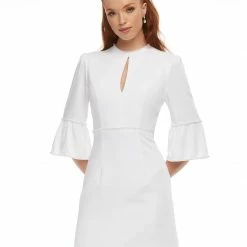 Ashleylauren Ashley Lauren 4466 Light Blue Cocktail Dress Three Quarter Sleeves Pearl Trim Keyhole Neckline Bell Sleeves