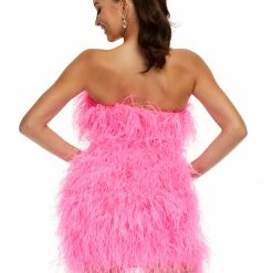 Ashleylauren Ashley Lauren 4467 Hot Pink Cocktail Dress Strapless Full Feathers Bow Waistline