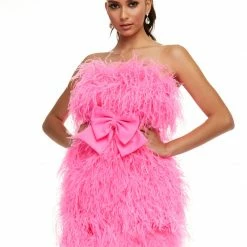 Ashleylauren Ashley Lauren 4467 Hot Pink Cocktail Dress Strapless Full Feathers Bow Waistline